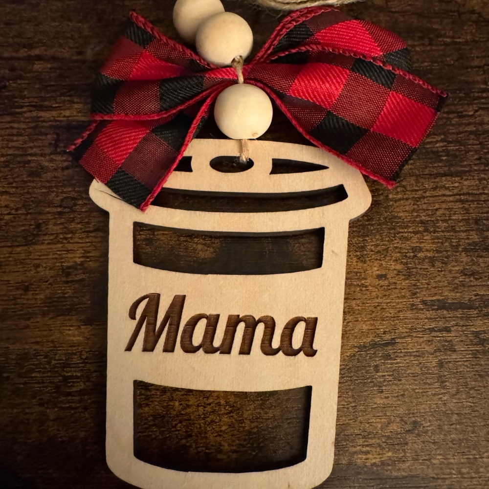 Wooden Mama Ornament with Red Plaid Bow